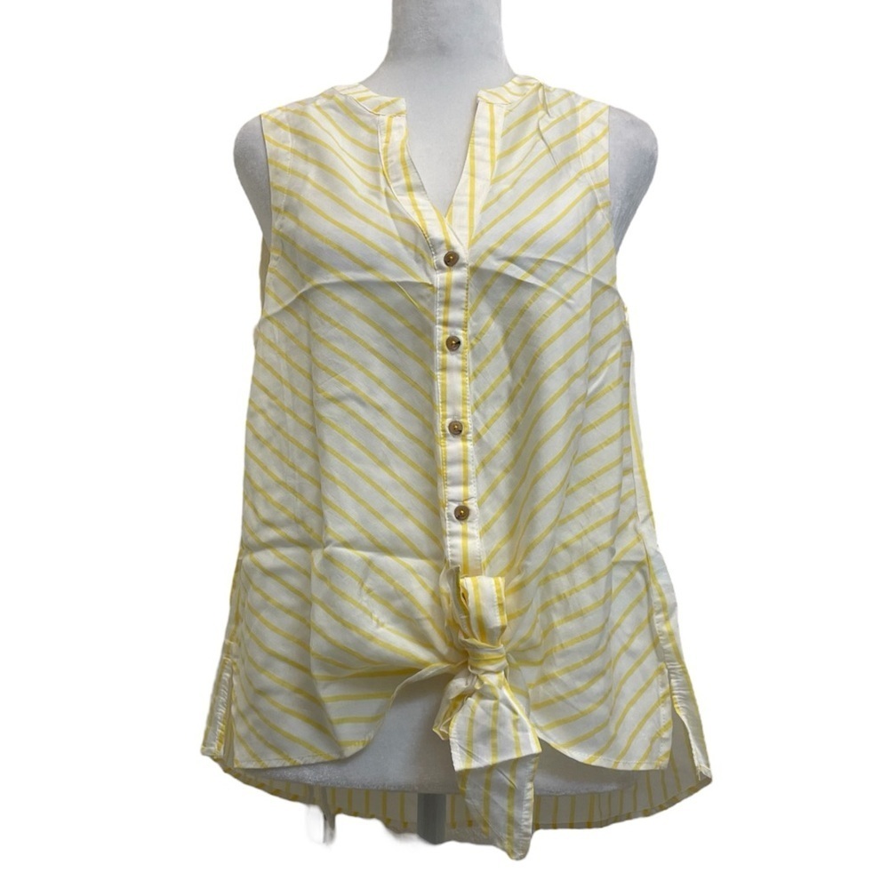 NEW Maeve Yellow & White Striped Button Up Tie Waist Sleeveless Blouse